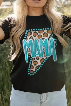 Online Dear-Lover Western MAMA Leopard Lightning Graphic Tee Black