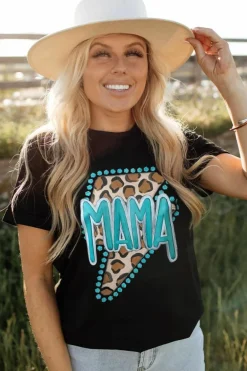 Online Dear-Lover Western MAMA Leopard Lightning Graphic Tee Black