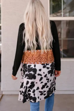 Best Dear-Lover Western Pattern Cow Patchwork Open Front Cardigan Black
