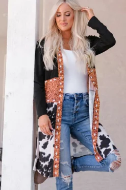 Best Dear-Lover Western Pattern Cow Patchwork Open Front Cardigan Black