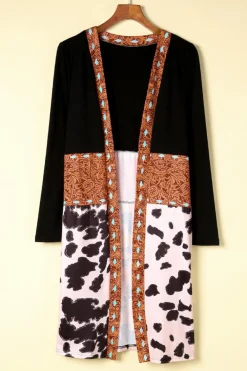 Best Dear-Lover Western Pattern Cow Patchwork Open Front Cardigan Black