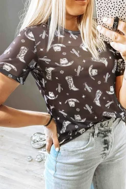 Sale Dear-Lover Western Pattern Mesh Sheer Crew Neck T Shirt Black