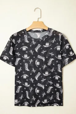Sale Dear-Lover Western Pattern Mesh Sheer Crew Neck T Shirt Black