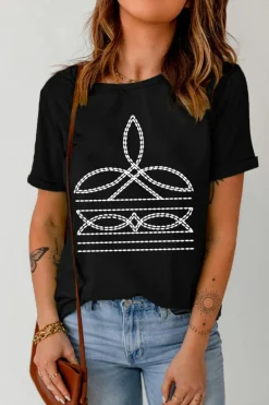 New Dear-Lover Western Pattern Print Slim Fit Crew Neck T Shirt Black