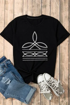New Dear-Lover Western Pattern Print Slim Fit Crew Neck T Shirt Black