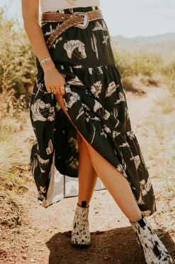 Clearance Dear-Lover Western Print Tiered Ruffled High Waist Maxi Skirt Black