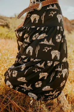 Clearance Dear-Lover Western Print Tiered Ruffled High Waist Maxi Skirt Black