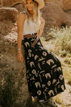 Clearance Dear-Lover Western Print Tiered Ruffled High Waist Maxi Skirt Black