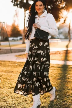 Clearance Dear-Lover Western Print Tiered Ruffled High Waist Maxi Skirt Black