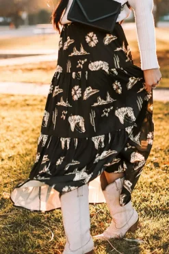 Clearance Dear-Lover Western Print Tiered Ruffled High Waist Maxi Skirt Black