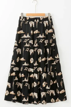 Clearance Dear-Lover Western Print Tiered Ruffled High Waist Maxi Skirt Black