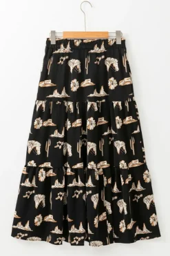 Clearance Dear-Lover Western Print Tiered Ruffled High Waist Maxi Skirt Black