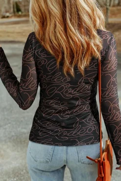 Outlet Dear-Lover Western Rodeo Printed Mock Neck Long Sleeve Mesh Top Black