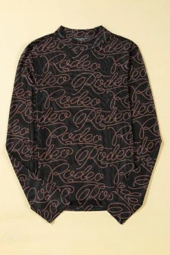 Outlet Dear-Lover Western Rodeo Printed Mock Neck Long Sleeve Mesh Top Black
