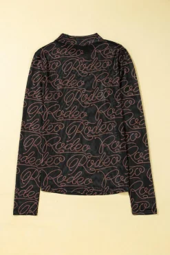 Outlet Dear-Lover Western Rodeo Printed Mock Neck Long Sleeve Mesh Top Black