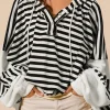 Discount Dear-Lover Oversized Striped Henley Buttons Dolman Sleeve Hooded Top Black white