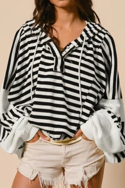 Discount Dear-Lover Oversized Striped Henley Buttons Dolman Sleeve Hooded Top Black white
