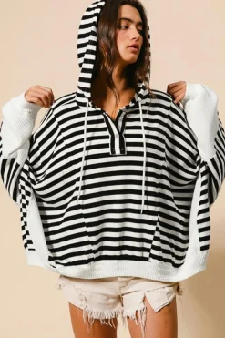Discount Dear-Lover Oversized Striped Henley Buttons Dolman Sleeve Hooded Top Black white