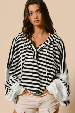 Discount Dear-Lover Oversized Striped Henley Buttons Dolman Sleeve Hooded Top Black white