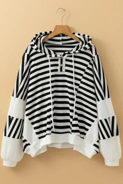 Discount Dear-Lover Oversized Striped Henley Buttons Dolman Sleeve Hooded Top Black white
