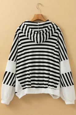 Discount Dear-Lover Oversized Striped Henley Buttons Dolman Sleeve Hooded Top Black white