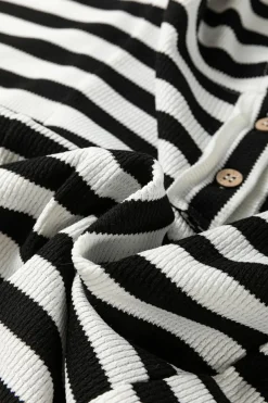 Discount Dear-Lover Oversized Striped Henley Buttons Dolman Sleeve Hooded Top Black white
