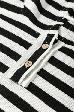 Discount Dear-Lover Oversized Striped Henley Buttons Dolman Sleeve Hooded Top Black white