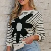 Fashion Dear-Lover Striped Big Flower Patched 3/4 Sleeve Top Black white