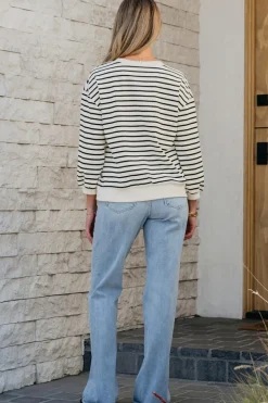 Fashion Dear-Lover Striped Big Flower Patched 3/4 Sleeve Top Black white