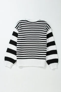 Clearance Dear-Lover Striped Drop Shoulder Bishop Sleeve Knit Sweater Black white