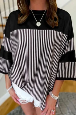 Clearance Dear-Lover Striped Patchwork 3/4 Sleeve Oversize Top Black white