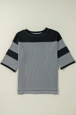 Clearance Dear-Lover Striped Patchwork 3/4 Sleeve Oversize Top Black white