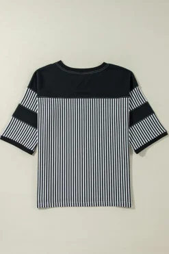 Clearance Dear-Lover Striped Patchwork 3/4 Sleeve Oversize Top Black white
