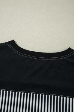 Clearance Dear-Lover Striped Patchwork 3/4 Sleeve Oversize Top Black white