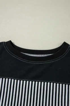 Clearance Dear-Lover Striped Patchwork 3/4 Sleeve Oversize Top Black white