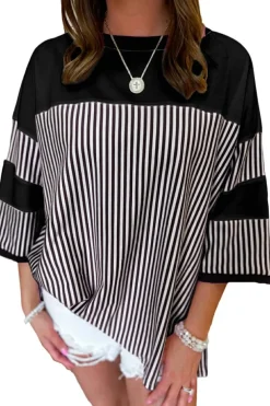 Clearance Dear-Lover Striped Patchwork 3/4 Sleeve Oversize Top Black white