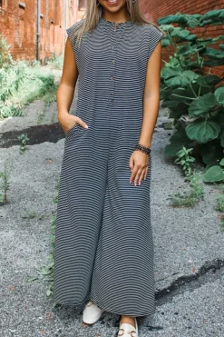 Online Dear-Lover Striped Print Buttoned Wide Leg Sleeveless Jumpsuit Black white