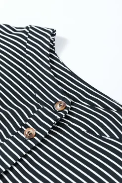 Online Dear-Lover Striped Print Buttoned Wide Leg Sleeveless Jumpsuit Black white