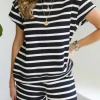 Outlet Dear-Lover Striped Short Sleeve Top and Shorts Set Black white