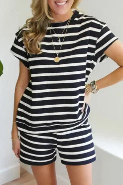 Outlet Dear-Lover Striped Short Sleeve Top and Shorts Set Black white