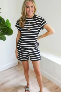 Outlet Dear-Lover Striped Short Sleeve Top and Shorts Set Black white