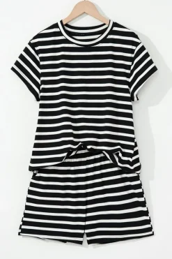 Outlet Dear-Lover Striped Short Sleeve Top and Shorts Set Black white