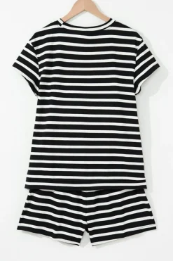 Outlet Dear-Lover Striped Short Sleeve Top and Shorts Set Black white