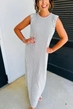 Clearance Dear-Lover Striped Vest Shift Maxi Dress Black White
