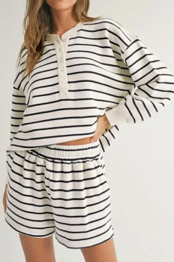 Discount Dear-Lover Stripes Printed Half Button Long Sleeve Top and Shorts Set Black white