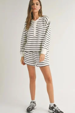 Discount Dear-Lover Stripes Printed Half Button Long Sleeve Top and Shorts Set Black white