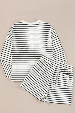 Discount Dear-Lover Stripes Printed Half Button Long Sleeve Top and Shorts Set Black white