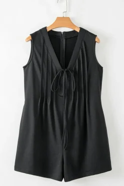 Best Dear-Lover Tie V Neck Pintuck Sleeveless Loose Romper Black white