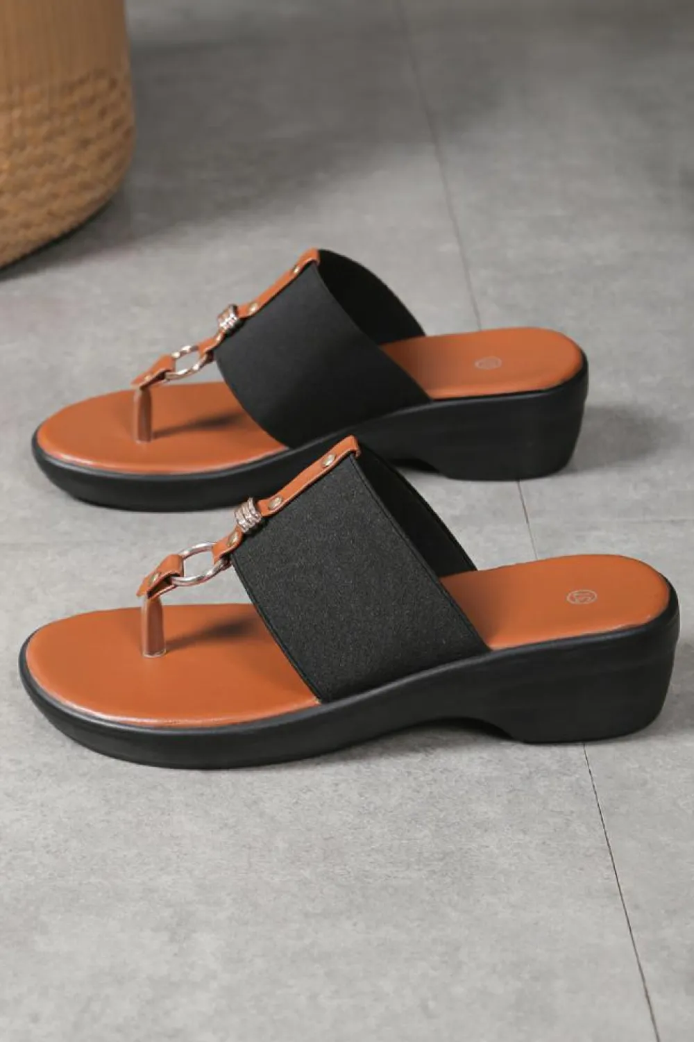 Clearance Dear-Lover Wide Band Clip Toe PU Leather Wedge Slippers Black