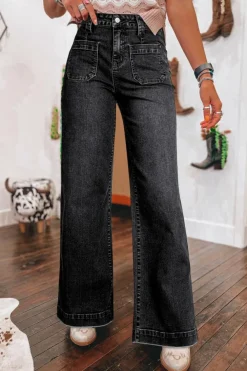 Online Dear-Lover Wide Leg Pocketed High Waist Jeans Black